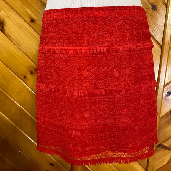 J. Crew Dresses & Skirts - J. Crew Red Fringe Lace Mini Skirt 10 Zip Party Festival Bold Bright